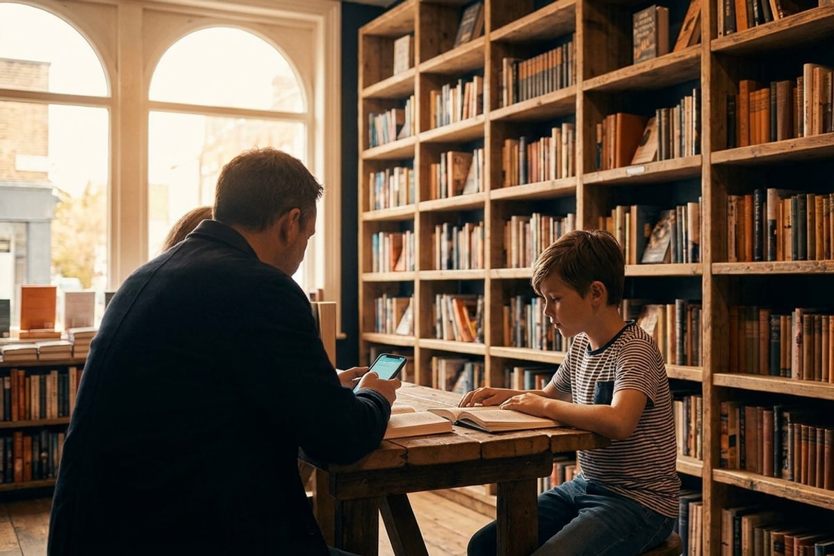 A parent and child in a bookstore, the parent holding a phone that carries the child's student ID