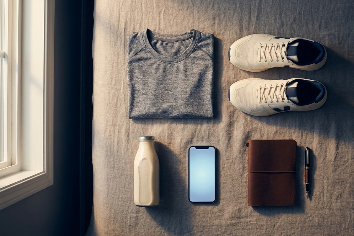 Flat-lay of gym apparel, shoes, a protein shake, and a phone — the partner categories a member-pass program naturally connects to