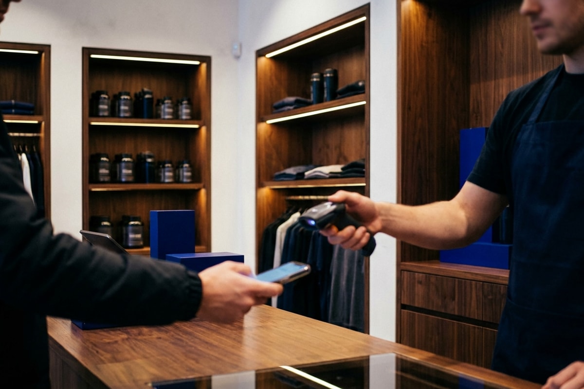 A fit90 member redeems their wallet pass at the counter of a partner sportswear store