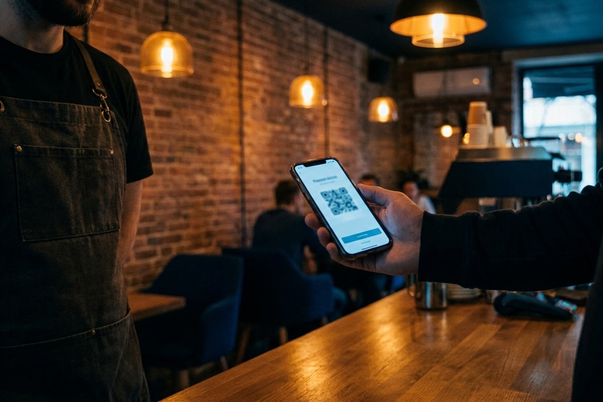 A customer hands a phone across the counter of a specialty coffee shop to be scanned