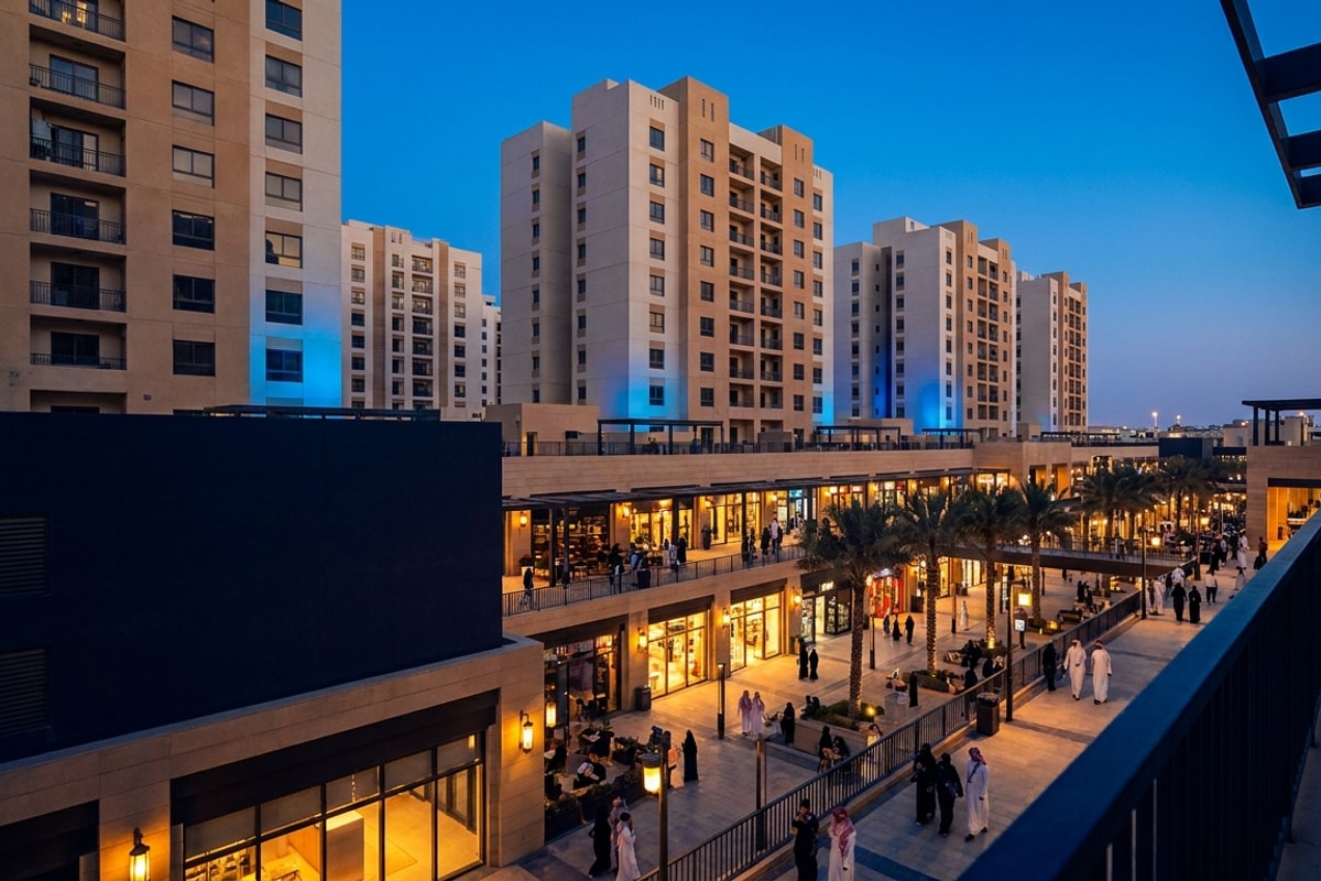A modern mixed-use residential community at dusk, with warm storefront lighting along the retail plaza