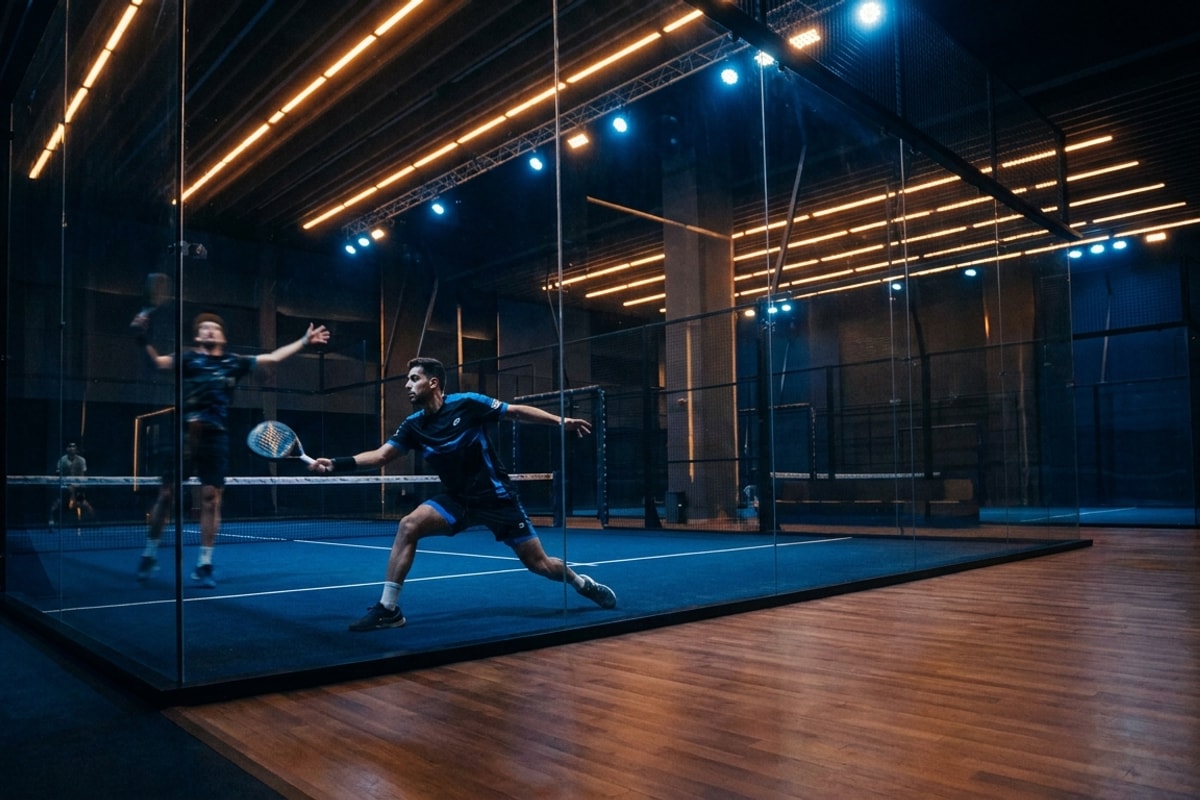 Two padel players mid-rally on a modern indoor court with electric blue court lines — the kind of sports community a member pass is built for