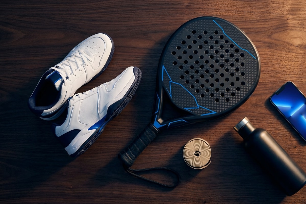 Flat-lay of padel gear — racket, court shoes, grip tape, water bottle, phone — the exact product mix a sports-league member pass is designed to unlock discounts on
