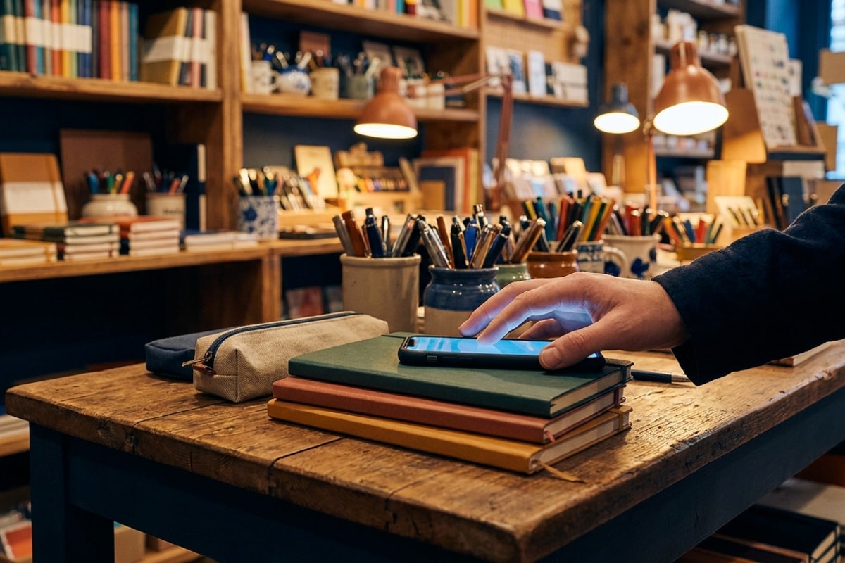 A hand with a phone above a neat stack of notebooks in a warm stationery shop near a school